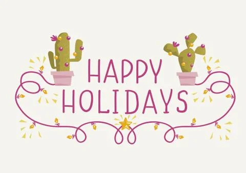 Christmas cactus text. Vector greeting card with holiday text. Happy green ca Stock Illustration