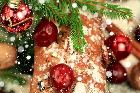 Christmas cake with cherry selective soft focus Stock Photos