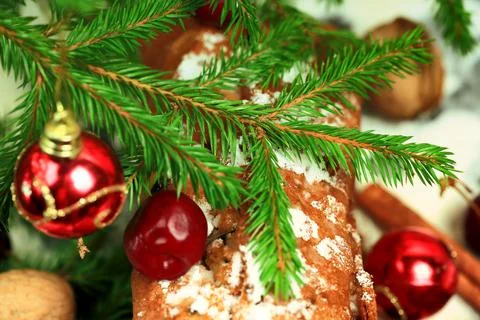 Christmas cake with cherry selective soft focus Stock Photos
