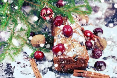 Christmas cake with cherry selective soft focus Stock Photos