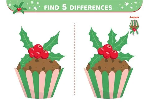 Christmas cake. Find 5 differences. Game. Flat, cartoon, vector Stock Illustration