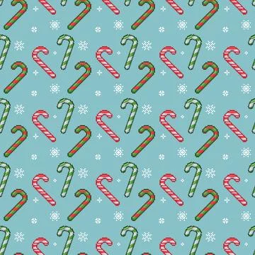 Christmas candies seamless pattern. Pixel art peppermint candy cane background. Stock Illustration