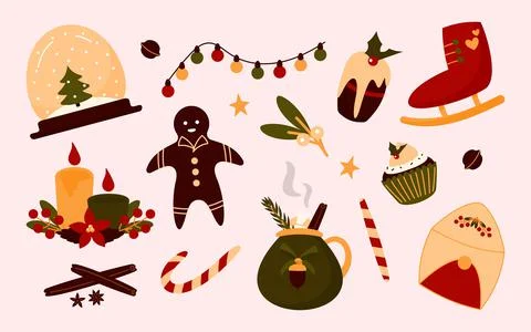 Christmas candle gingerbread man flat vector set Stock Illustration