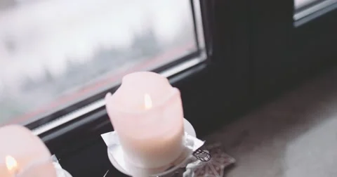 Christmas Candles Burning on the window, Snowfall View. 4K SLOW MOTION 120 fps Видео 67219714