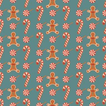 Christmas candy cane and gingerbread pattern on teal background with festiv.. Stock Illustration