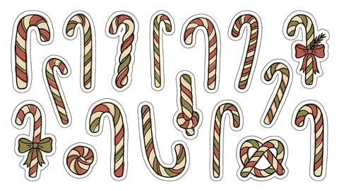 Christmas candy cane collection featuring red green and beige striped sweet.. Stock Illustration