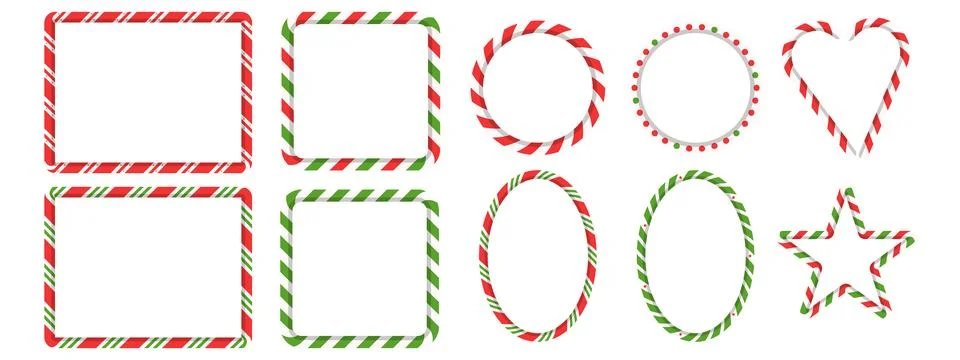 Christmas candy cane frame set. Rectangle, circle, star, and heart borders .. イラスト素材