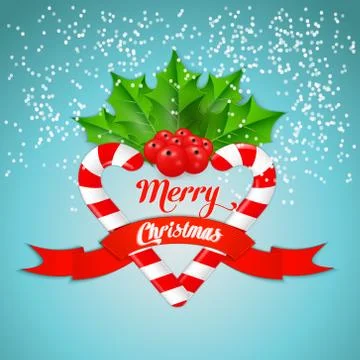 Christmas candy cane with holly and red ribbon. Vector illustration Stock Illustration