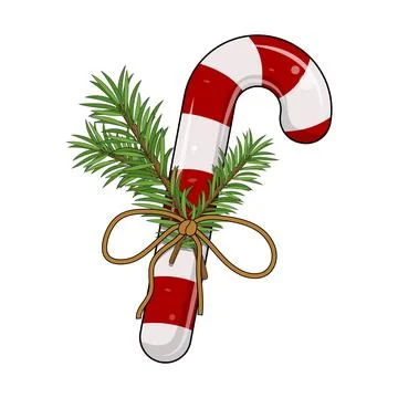 Christmas candy cane with pine branches and bow – holiday decoration clipart. Stock Illustration