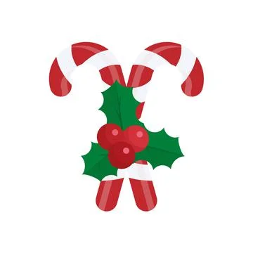 Christmas candy cane with red bow and holly berries isolated on white backgro 스톡 일러스트
