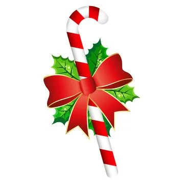 Christmas candy cane with red bow and Christmas holly Illustrazione stock