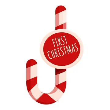 Christmas candy cane with red round label saying first christmas Stock Illustration