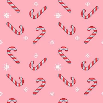 Christmas candy cane seamless pattern. Pixel art candy and snowflakes holiday Illustrazione stock