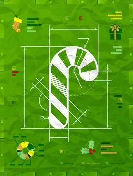 Christmas candy cane symbol as technical blueprint drawing Stock Illustration