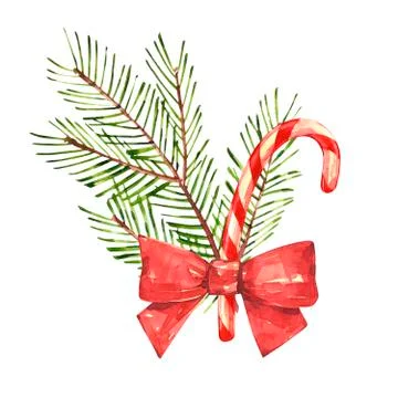 Christmas candy cane with xmas tree. Watercolor illustrations isolated on white Stock Illustration
