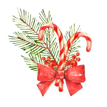 Christmas candy cane with xmas tree. Watercolor illustrations isolated on white Stock Illustration