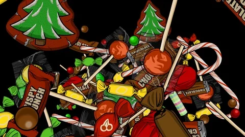 Christmas Candy Explosions Center Left Right Top Bottom Alpha Channel Stock Footage 124648199