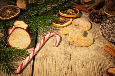 Christmas candy frame on a table Fotos Stock