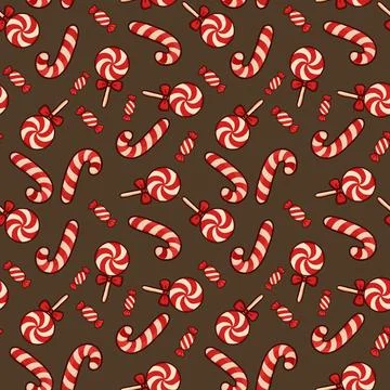 Christmas Candy Seamless Pattern With Peppermint Lollipops and Candy Canes Stockillustratie