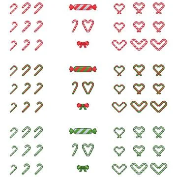 Christmas candy, sweets, candy cane set in pixel art. 16 bit peppermint candies Stock Illustration