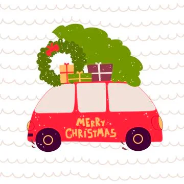 Christmas car tree, flat vector illustration. Happy new year. Christmas new year Stock Illustration