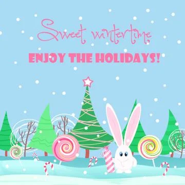 Christmas card background. Rabbit with sweets candy in the  tree forest. Stock Illustration