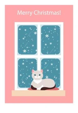 Christmas card with a cat on the window, vector illustration Stock Illustration