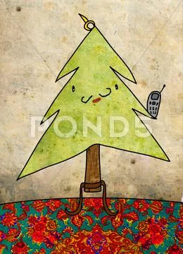 Christmas card, christmas tree with whiskers and cell phone Stock Illustrationen