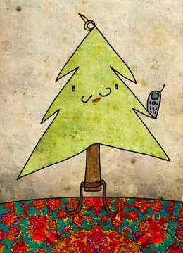 Christmas card, christmas tree with whiskers and cell phone Stock Illustration