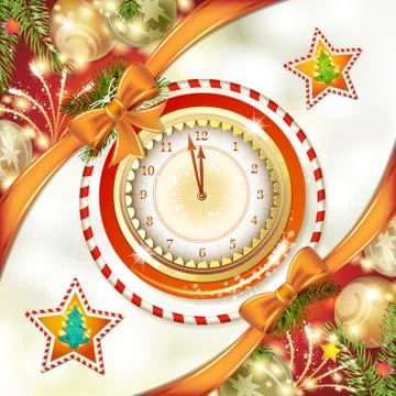 Christmas card with clock and pine tree Stock Illustration