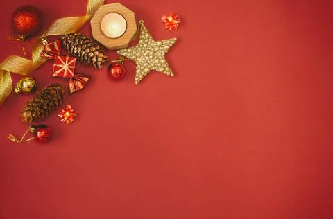 Christmas card, a composition on a red background with copy space for your text Stock Photos