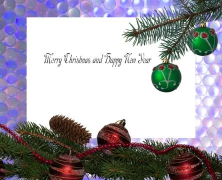 Christmas card with a festive Christmas tree decorated with Christmas balls b Stock Photos