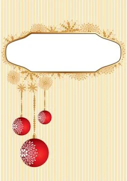 Christmas card with frame, ornaments and hanging red baubles, vector illustratio Stock Illustration
