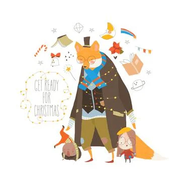 Christmas Card with Funny Fox wearing Coat and Enjoying Kids Stock Illustration