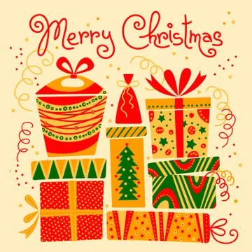 Christmas card with gift boxes. Stock Illustration