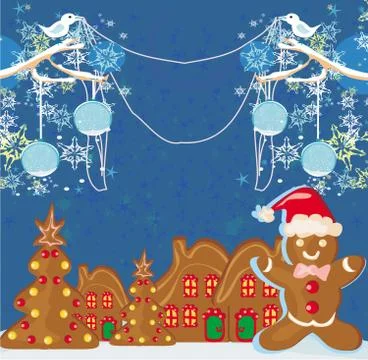 Christmas card with a ginger-bread and funny landscape 스톡 일러스트