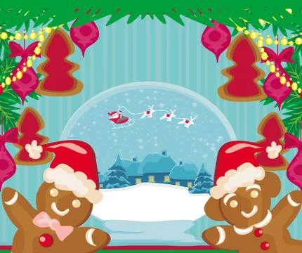Christmas card with a ginger-bread and santa claus flying over city Stock Illustration