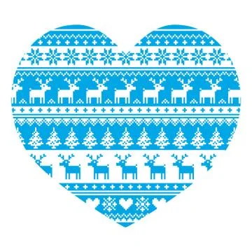 Christmas card with heart- blue Nordic, winter pattern on white Stock Illustration