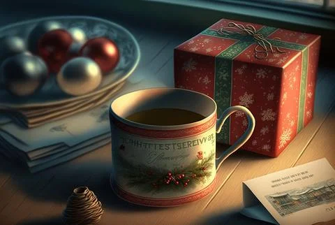 Christmas card, mug, and adorable presents. Generative AI Stock Illustration