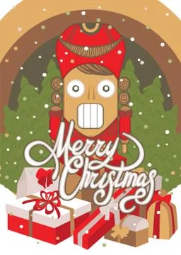 Christmas card with Nutcracker puppet, forest, gift boxes flat vector illustr Stock Illustration
