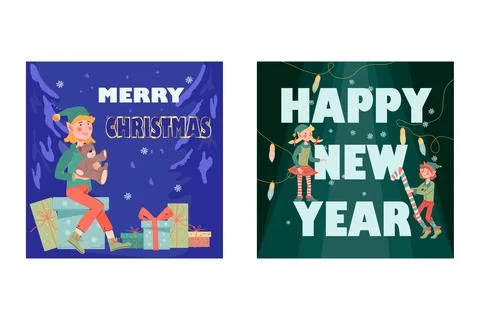 Christmas card or banners bundle with cute elves, flat vector illustration. Stock Illustration
