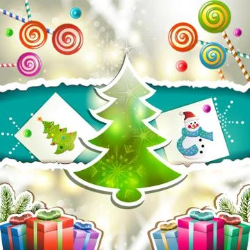 Christmas card with pine tree and candy Stock Illustration