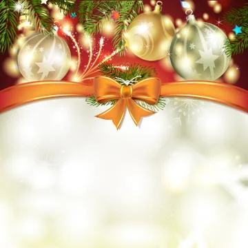 Christmas card with pine tree, bow and ball Stock Illustration