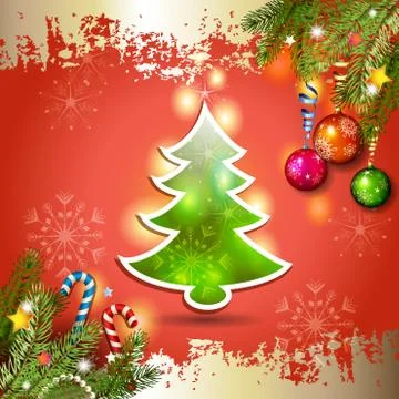 Christmas card with pine tree over red background Stock Illustration