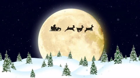 Christmas Card, Santa Claus on a Sleigh Pulled by Reindeer Stock Footage