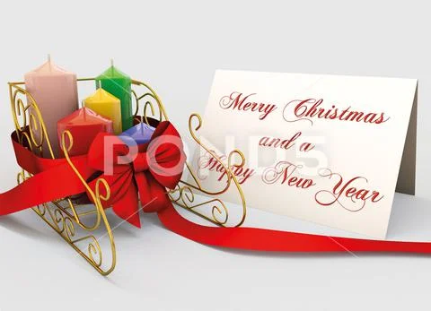 Christmas card, sleigh and christmas gifts, 3d rendered PSD Template