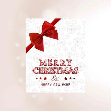 Christmas card with snow flakes pattern and red bow 스톡 일러스트