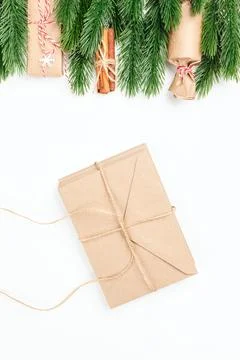 Christmas card, stack of craft envelopes tie jute rope with letters to Santa Foto stock