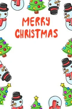 Christmas Card Template with trees and snowmans in flat style. Merry Xmas. Stock Illustration
