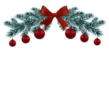 Christmas card. Two branches of a blue tree with red balls and ribbons on  .. Stock Illustration